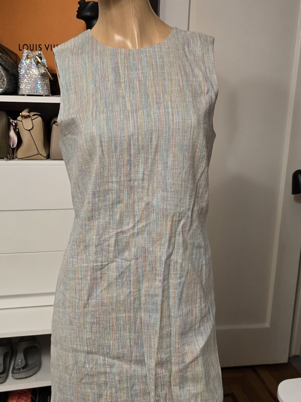 THEORY SIZE 8 Sleeveless Beige Multicolor Linen Blend Type Shift Dress